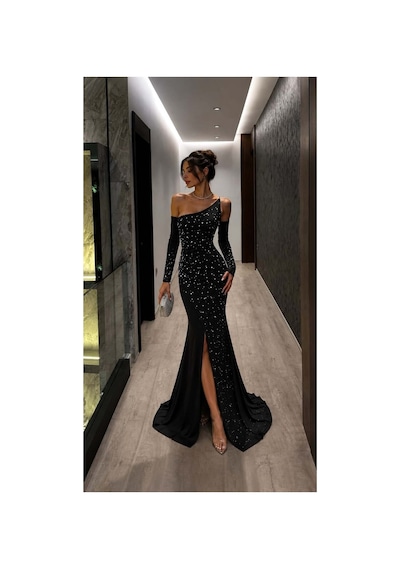 DefyModa Kadın Günlük Tek Omuz Taş Detaylı Abiye Elbise Siyah