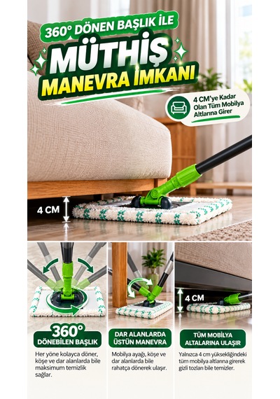 Duvar Ve Tavan Temizleme Mopu - Kurutma Mop - Mikrofiber Başlıklı Demonte Saplı Ekstra Su Emici Bez - 360 Derece Döner Başlık