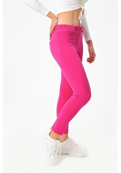 Jument Kalın Kemerli D Tokalı Likralı Bilek Boy Kumaş Pantolon-Magenta Pembe