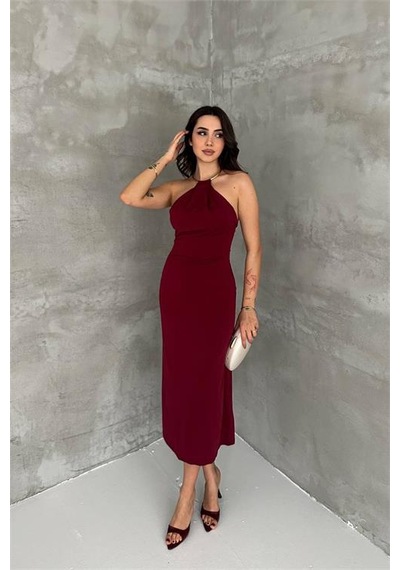 Neşeli Butik Kadın Bordo Sırt Dekolteli Metal Yaka Midi Elbise Nbk4543 Bordo