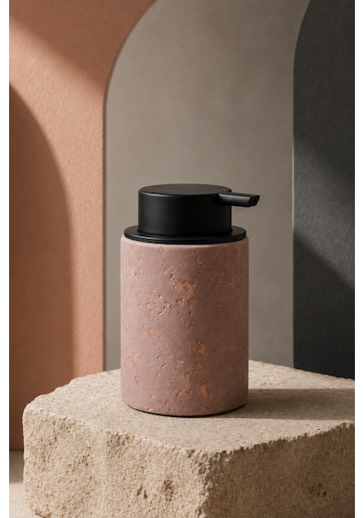 Terra Stoneware Traverten Dokulu Siyah Pompalı Dekoratif Sıvı Sabunluk 500 Ml , 13 X 7.5 Cm Koyu Pembe