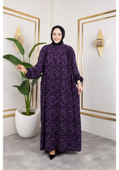 Nevayla Moda Robalı Desenli Viskon Elbise - Mor / E0126 Mor