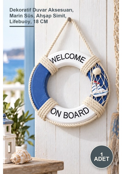 1 Adet Ahşap Marin Duvara Asmalı Simit Dekoratif Duvar Aksesuarı, Marin Süs, Ahşap Simit, Lifebuoy, 18 Cm