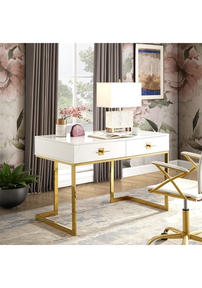 Rihanna Gold Metal Beyaz Çalışma Masası Ve 2 Adet Kitaplık