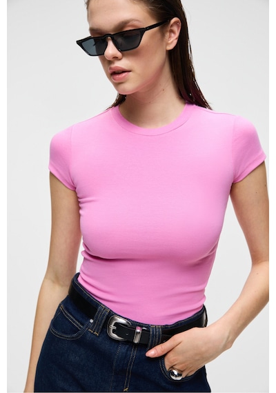Grimelange HOPEWELL Kadın Yuvarlak Yaka Örme Slim Fit Pembe T-Shirt