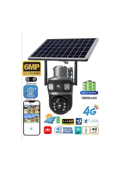 Sim Kartlı Güneş Enerjili Güvenlik Kamerası 3+3mp Ultra Hd Gece Görüşlü İp Kamera