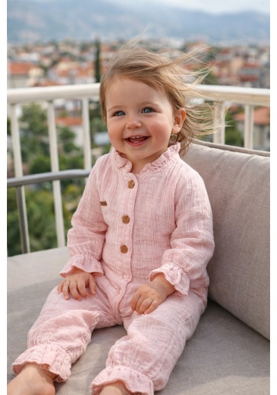 Begisa Begi Pamuk Müslin Kız Bebek Fırfırlı Uzun Kollu Çıtçıtlı Tulum 22402 Pembe