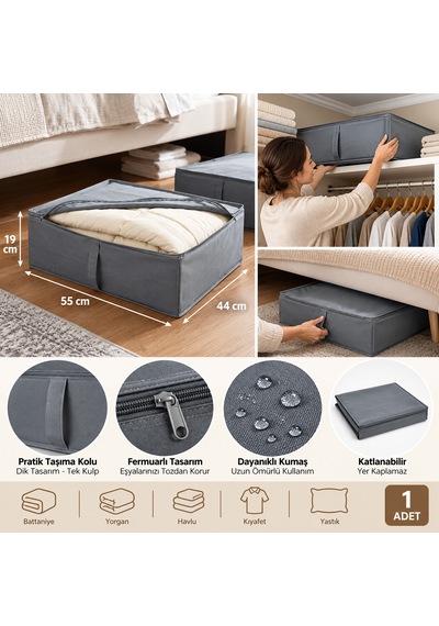 Gri Kumaş Saklama Hurcu 44x55x19 Cm Fermuarlı Dolap İçi Düzenleyici, Yorgan Battaniye Kıyafet Organizer