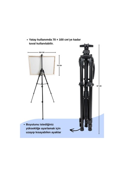 Katlanabilir Metal Tripod Şövale - Kollu Yükseklik Ayarlı, Su Terazili, Pusulalı, Siyah