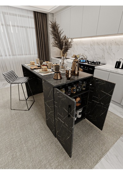 Asra Trend Mutfak Adası MA-04 %100 MDF Dolaplı Yemek ve Bar Masası Royal Mermer