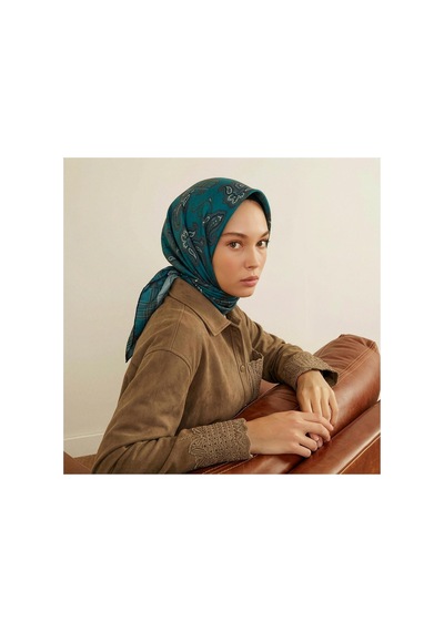 İpek Evi İpekevi Twill İpek Eşarp - Patchwork Desenli - Orman Yeşili
