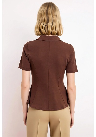 Benerly Kadın Bluz Peplum Polo Yaka Kısa Kol İnterlok Örme Düz Desen Yarı Koyu Kahverengi