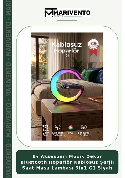 Ev Aksesuarı Müzik Dekor Bluetooth Hoparlör Kablosuz Şarjlı Saat Masa Lambası 3in1 G1 Siyah
