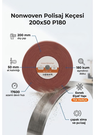 200x50 Mm P180 Polisaj Keçesi Çapak Alma Ve Metal Yüzey Parlatma Diski 1 Adet