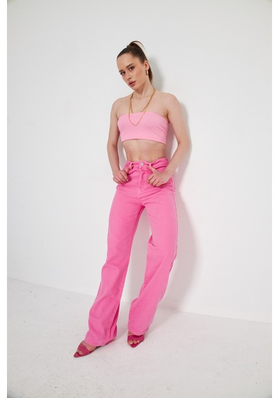 Kutaf Pembe Yuksek Bel Likrasız Palazzo Jean Pembe