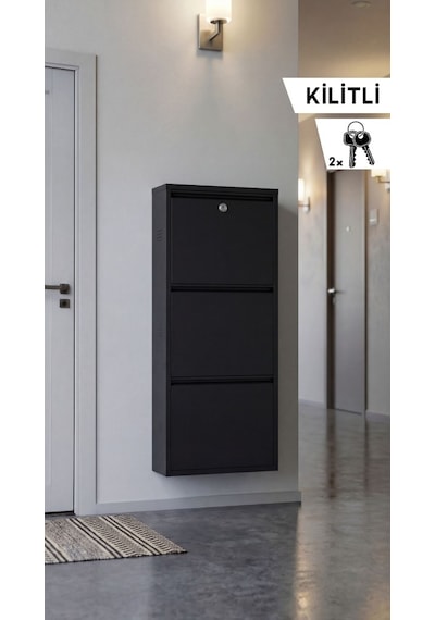 Kilitli Üçlü Metal Ayakkabılık Siyah Yedek Anahtarlı Siyah