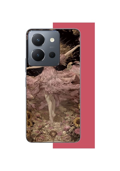 Vivo Y36 Uyumlu Pembe Elbiseli Kadın Baskılı Silikon Kılıf Renkli