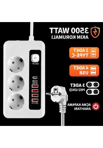 3500w Akım Korumalı Çoklu Priz, 3 Priz Girişi, 2 Type-c + 4 Usb Port 0