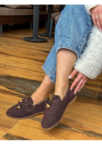 Erva'nın Butiği Kahve Süet Shake Saraçlı Boncuk Detay Kadın Loafer-6014