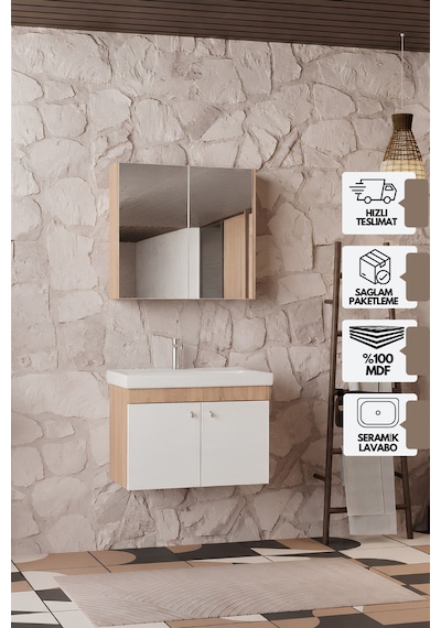 Milano 80 Cm, Lavabolu Banyo Dolabı Seti, Lavabo Dahil, Ayna Dahil, Sonomo Meşe, Mdf Beyaz - Sonomo Milano 80 Cm, Lavabolu Banyo Dolabı Seti, Lavabo Dahil, Ayna Dahil, Sonomo Meşe, Mdf Beyaz - Sonomo