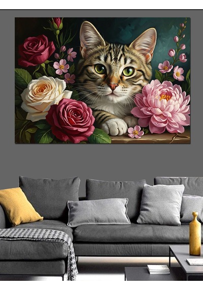Güller Arasında Şirin Kedi Portresi Dekoratif Kanvas - Mdf Ahşap Tablo