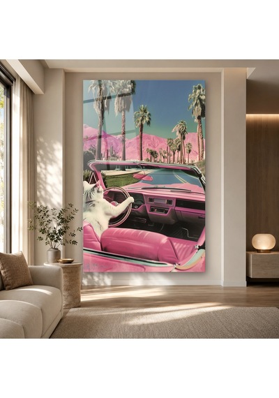 Pembe Arabayı Süren Kedi Çerçevesiz Cam Tablo