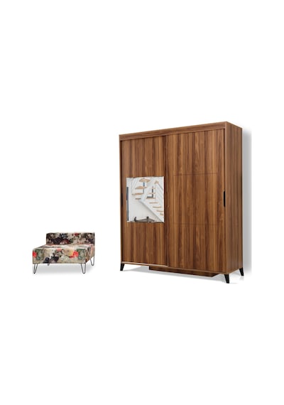Pasifichome Huga Sürgülü Gardırop Ceviz 190Cm / 2 Kapaklı Çekmeceli Dolap