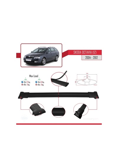 Skoda Octavia 1z 2004-2012 Arası İle Uyumlu Fly Model Ara Atkı Tavan Barı Siyah 3 Adet Bar