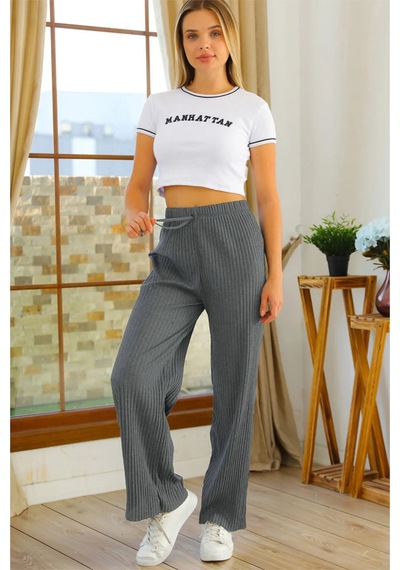 Pierles Kadın Kışlık Kalın Fitilli Kaşkorse Pijama Altı Eşofman Altı Cepsiz Antrasit -p01