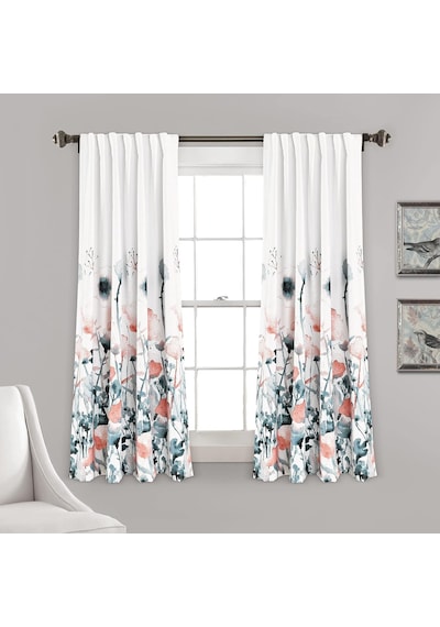 Zuri Flora Oda Karartma Pencere Perdesi Panel Çifti, 160 Cm Uzunluk X 132 Cm Genişlik, Mavi Ve Mercan