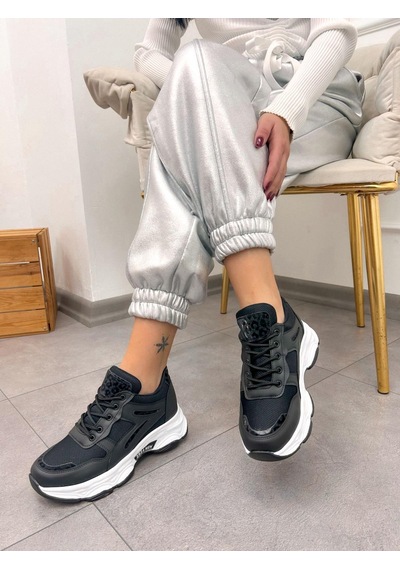 Erva'nın Butiği Siyah Cilt Leo Leopar Detaylı Kadın Bağcıklı Sneakers-5199