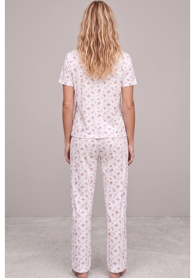 Siyah İnci İnce Soft Örme Mevsimlik Düğmeli Pijama Takımı 8002 Ekru Bordo Çiçek