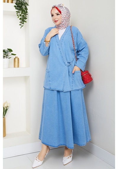 Bestenur Kimono Etek İkili Kot Takım 1531 - Açık Mavi Açık Mavi