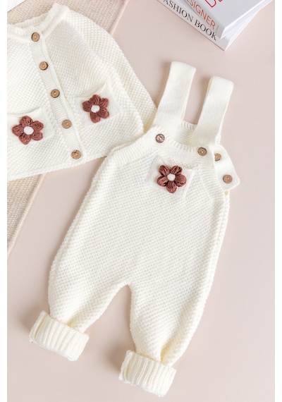 Babymod Yumuşak Dokulu Triko Hırkalı Kız Bebek Örgü Salopet Tulum Set Ekru