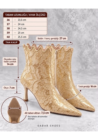 Dabab Shoes Mona Kadın Gold Dantel İşlemeli Sivri Burun Sıcak Astarlı Fermuarlı 7 Cm İnce Topuklu Bot Bootie Altın