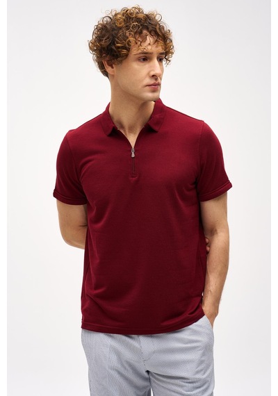 Bordo Slim Fit Dar Kalıp Fermuarlı Polo Yaka Düz Kısa Kollu Tişört-16407 Bordo