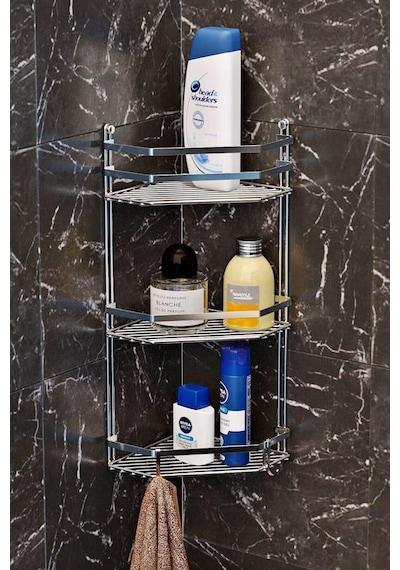 Geseus Üç Katlı Kancalı Banyo Köşe Rafı Krom  ES076 KRM