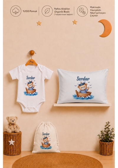 Pia Baby İsimli Erkek Bebek Hediye Seti %100 Pamuk Organik Baskılı Body Yastık Kılıfı Ve Ham Bez Bebek Kıyafet Kesesi 1102byk3x Ekru