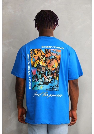 Erkek Bisiklet Yaka Baskılı Oversize T-shirt - Mavi