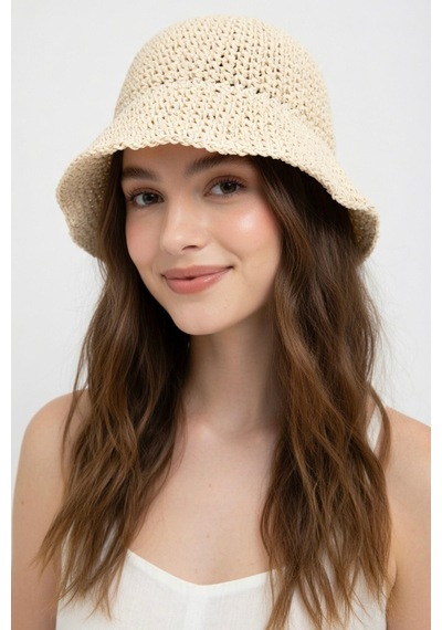 Mollycrush Kadın Bej Yazlık Örgü Bucket Şapka Güneş Koruyucu Trend Kova Model Hasır Bej
