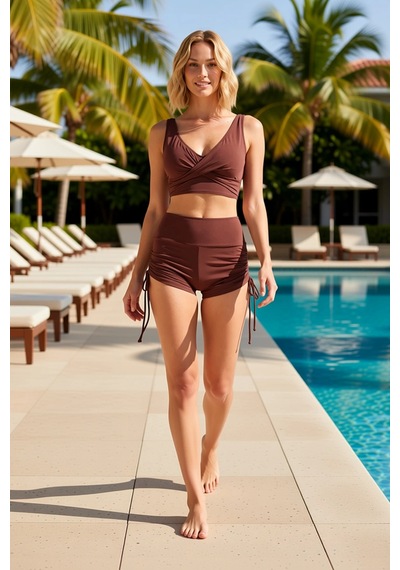 Benerly Kadın Şort Bikini Takımı V Yaka Kolsuz Bralette Üst Yüksek Bel Dü Kahverengi