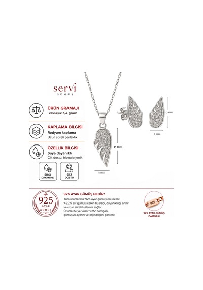 Servi 925 Ayar Gümüş Zirkon Taşlı Zarif Melek Kanadı Kolye Ve Küpe Seti-495