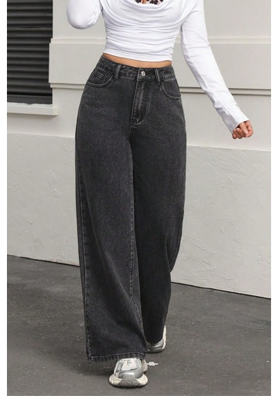 Koyu Füme Palazzo Pantolon Wide Leg Yüksek Bel Denim Jeans Gri