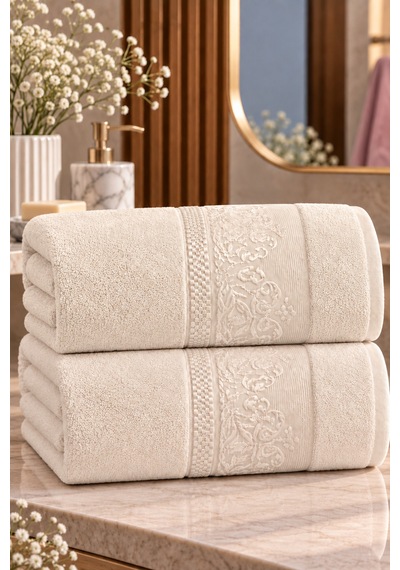 %100 Pamuk Ekru Bordürlü Yüz Havlusu 50x90 Cm Yüksek Su Emici Banyo El Yüz Havlusu