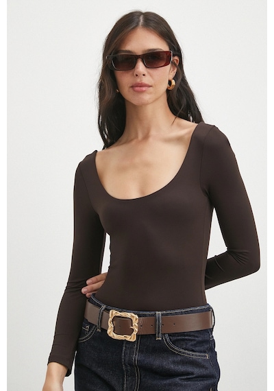 Never More U Yaka Uzun Kollu Çıtçıtlı Bodysuit Kahve Kahve