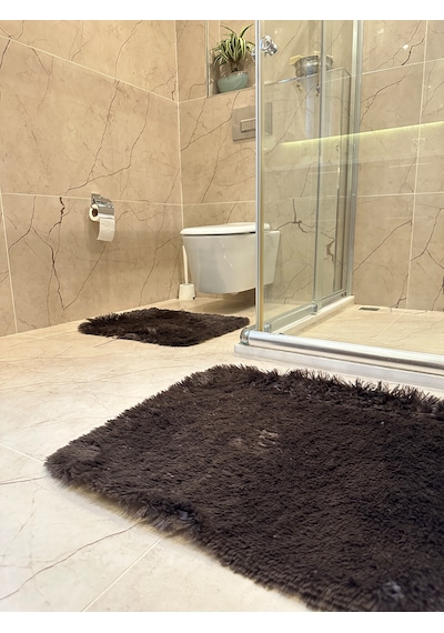 Tavşan Kahverengi Kaymaz Tabanlı 2'li Banyo Halısı Seti