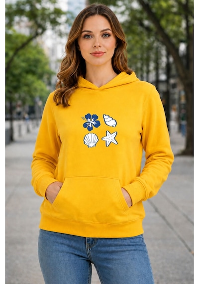 Herkesemoda Deniz Kabukları Baskılı Kapüşonlu 2 İplik Şardonlu Sweatshirt Sarı