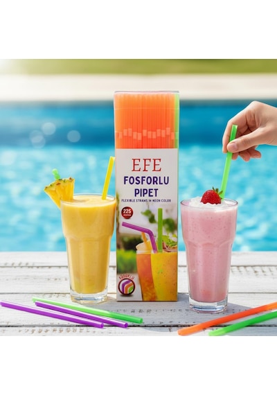 Fosforlu Pipet 24 Cm 225 Li Karışık Renk Kafe Tipi Renkli Uzun Pipet Diğer