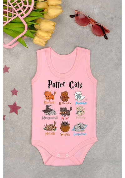 Bebetospik %100 Pamuklu Potter Cats Baskılı Yumuşak Doku Baskılı Zıbın & Body Pembe
