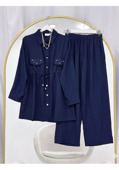 Lovie Moda Kapak Taşlı Jakar Pantolonlu İkili Takım Lacivert
